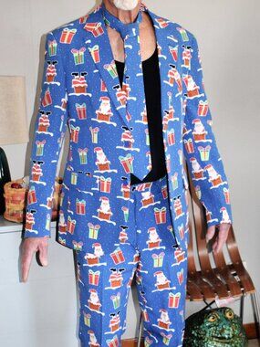 Men's OppoSuit, Blue 3 Piece Christmas Suit, Size 38, Jacket Pants Tie